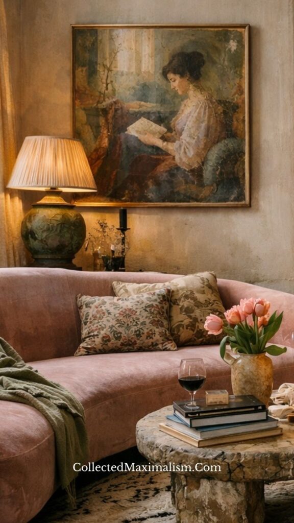 romantic dark academia living room with soft sofa, vintage painting, warm lamp lighting and layered decor
