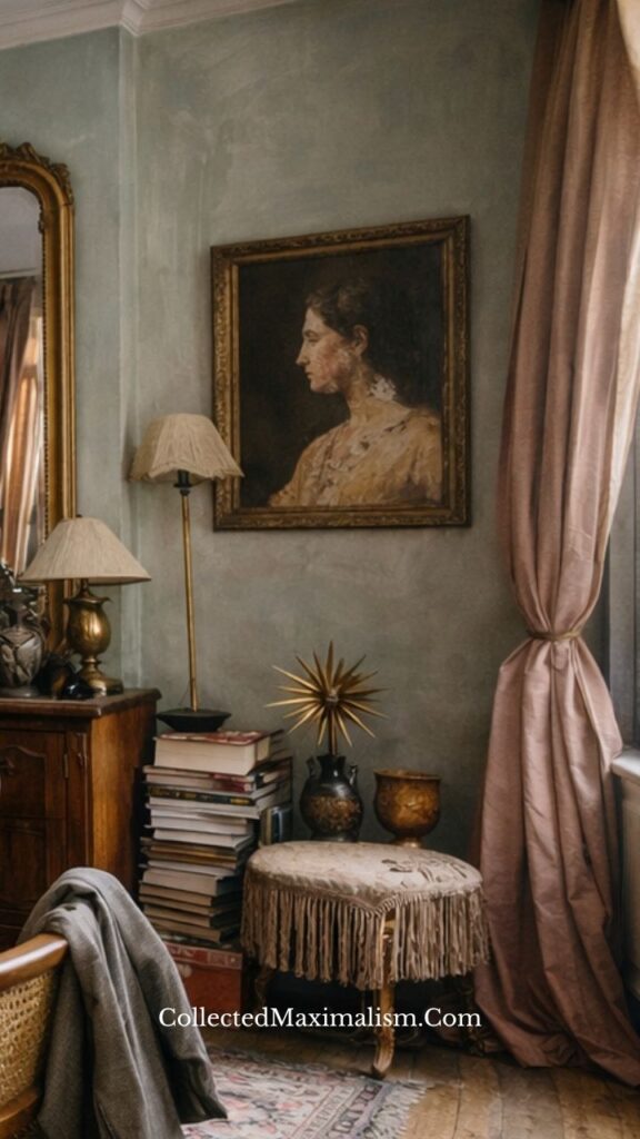 dark academia aesthetic corner with vintage chair, stacked books, soft textiles and classical portrait wall art