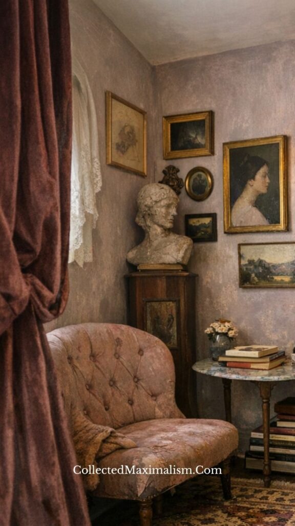 dark academia cozy corner with vintage chair, sculpture, layered decor and muted tones