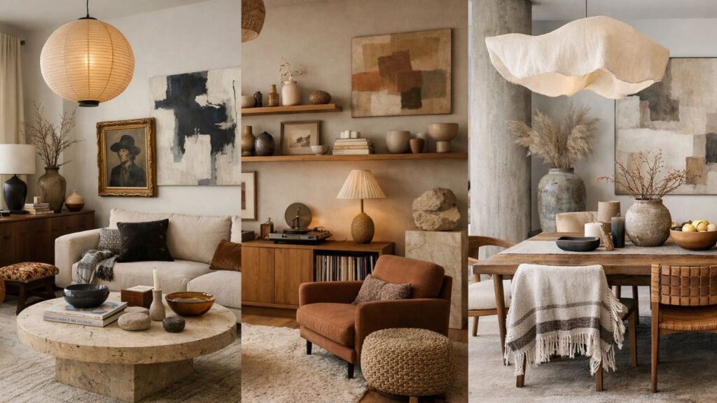 Maximalist interior in warm earth tones featuring layered decor, sculptural lighting, textured furniture, art-filled walls, and curated natural materials for depth and warmth