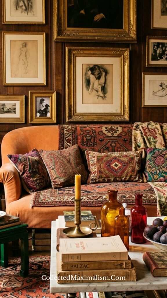 Layered gallery wall in a Parisian maximalist interior with warm-toned seating and collected decor