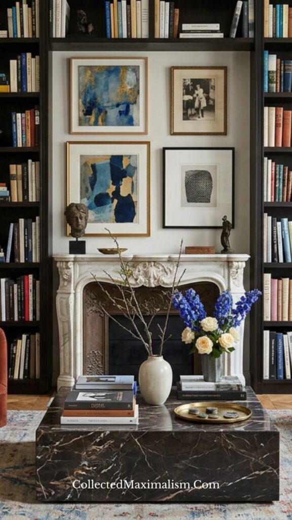 Parisian maximalist living room with marble fireplace, layered bookshelves, and curated artwork
