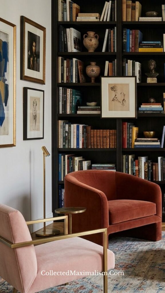 Parisian-style seating area with vintage armchairs and curated shelving in warm tones