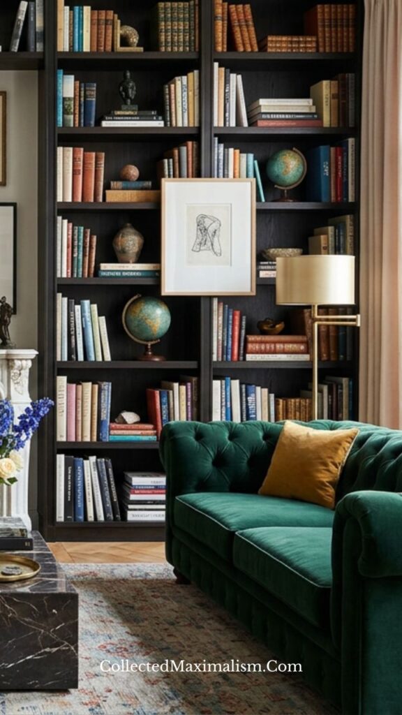 Collected maximalism living room with green velvet sofa and layered bookshelf styling