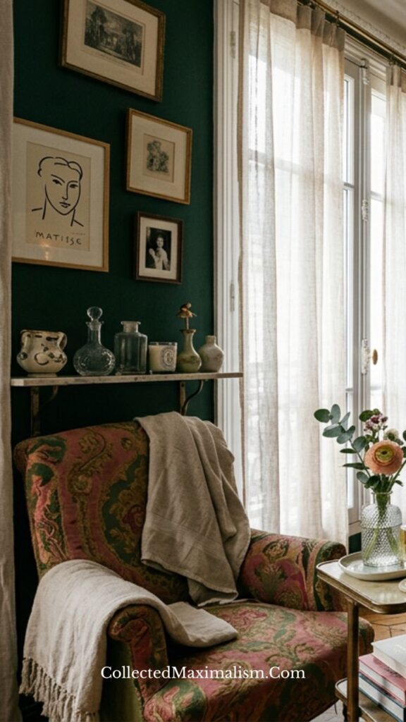 Parisian reading corner with styled shelf, soft textiles, and curated decorative objects