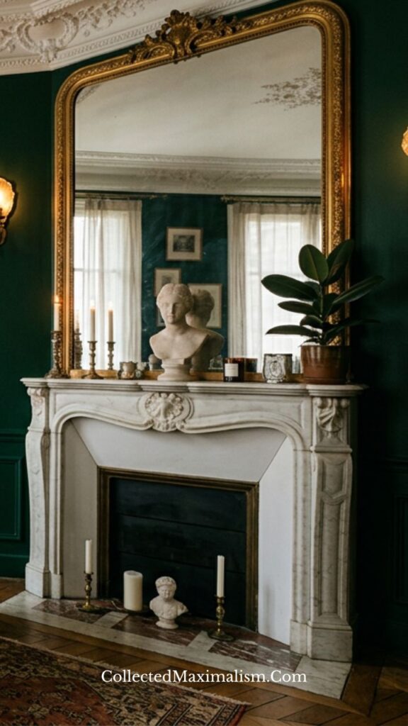Parisian interior with ornate molding, marble fireplace, and deep green walls layered with subtle decor