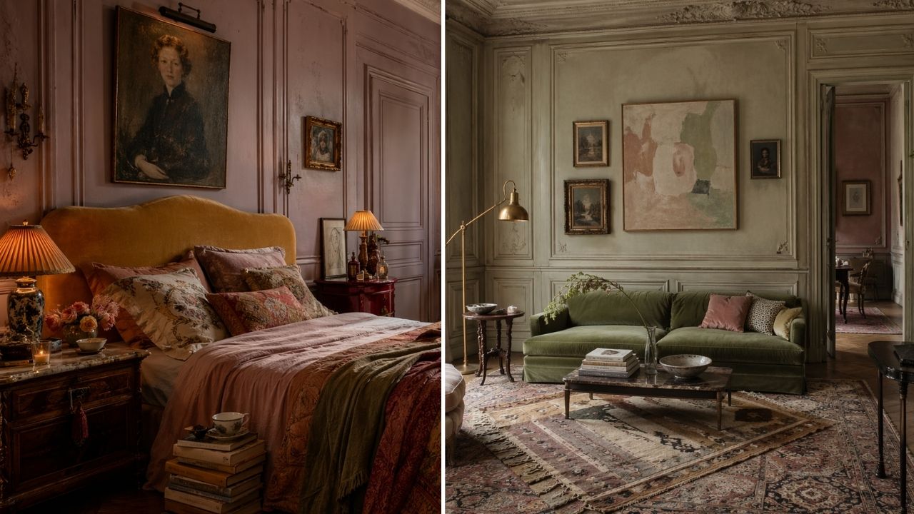 Parisian maximalist interiors with a layered bedroom and elegant living room, featuring vintage art, warm lighting, and collected textures