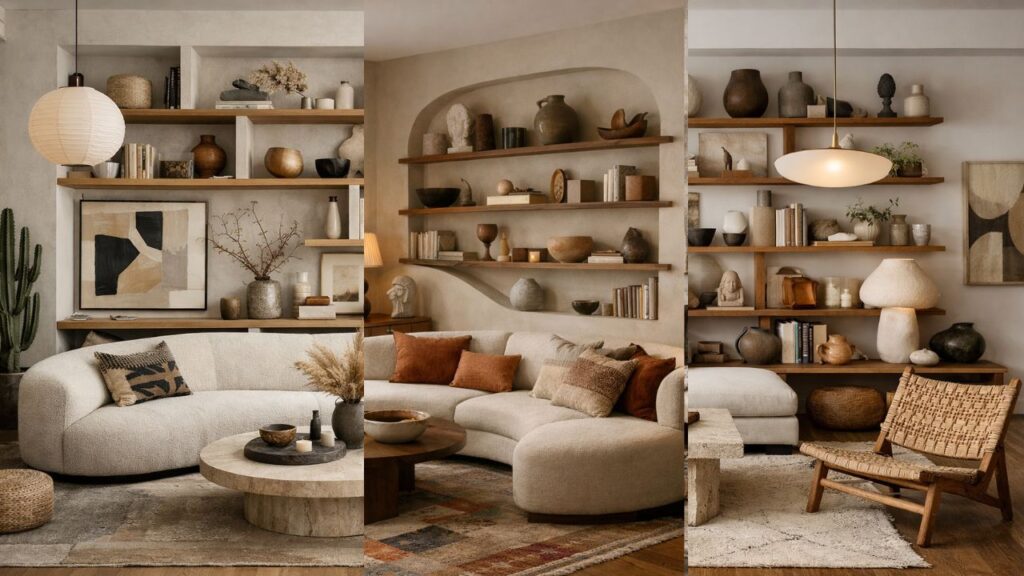 Layered wall shelves in earth tones with ceramics, books, and decor, creating a warm collected maximalist living room with depth and texture