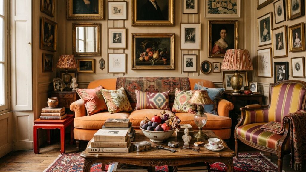 wall art for living room with layered gallery wall, vintage frames, orange sofa, and antique decor