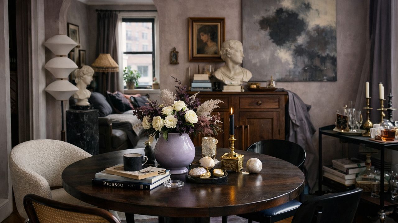 Romantic dark academia dining table with vintage decor, soft florals, candles, and layered maximalist styling in a cozy collected interior