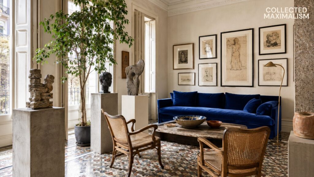Mediterranean interior design with terracotta plaster walls, oversized artwork, antique mirror, rustic wood coffee table, and collected maximalist styling.