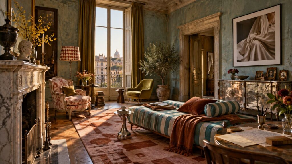 Mediterranean maximalist heritage living room with aged plaster walls, marble fireplace, striped sofa, vintage furniture, modern art and layered textiles.
