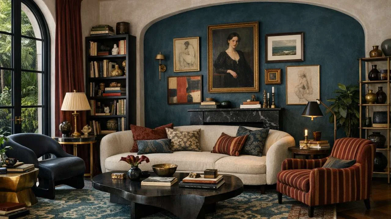 Maximalist interior featuring a teal alcove gallery wall, marble fireplace, layered artwork, mixed seating, and curated shelving in a richly composed living space.