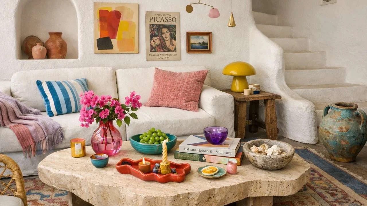 Collected maximalist living room with white plaster walls, layered art above a sofa, stone coffee table styled with books and ceramics, and colorful travel-inspired decorative objects.