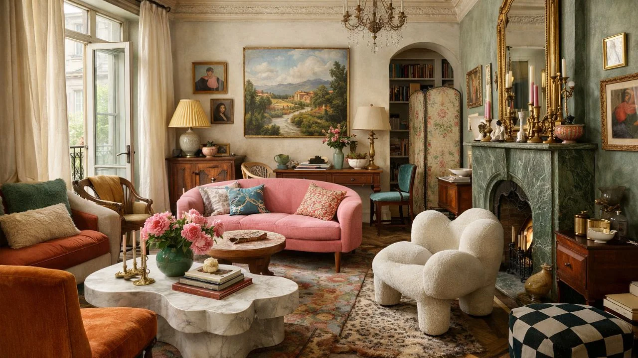 Elegant European heritage maximalist living room with layered decor, featuring a pink sofa, vintage artwork, marble coffee table, floral rug, ornate fireplace, and warm natural light.