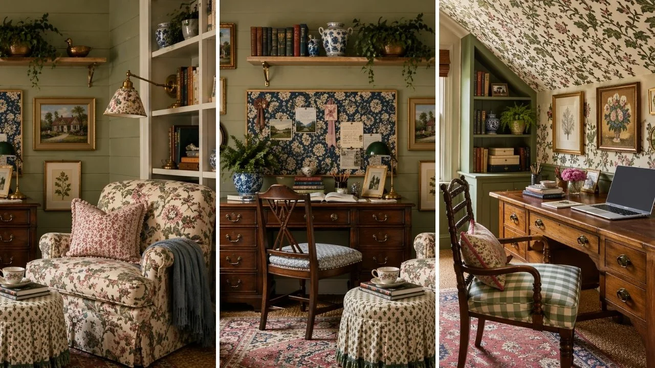 English cottage style home office design with layered patterns, vintage desk, floral upholstery, green walls, and collected decor in a cozy workspace