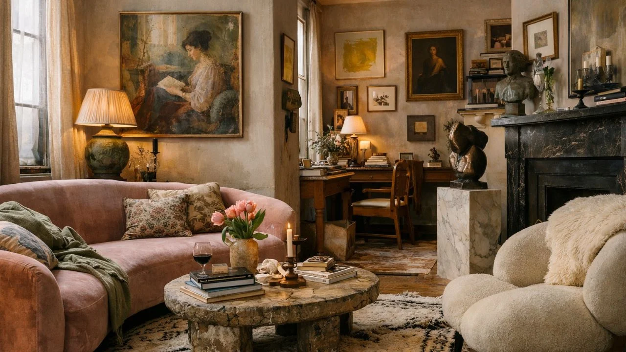 dark academia aesthetic living room with layered materials, vintage decor, soft lighting, stone coffee table and romantic interior styling