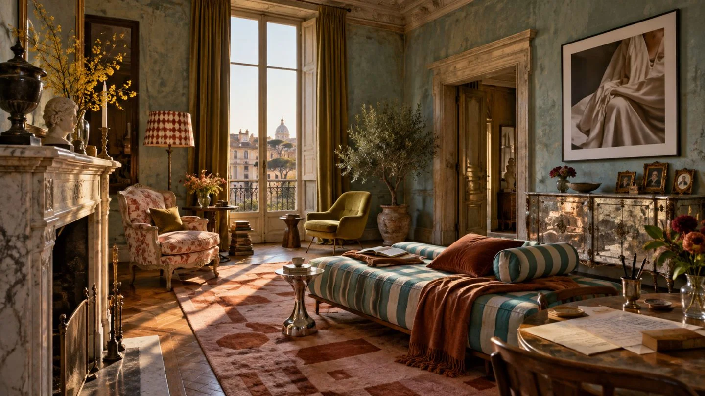 Mediterranean maximalist heritage living room with aged plaster walls, marble fireplace, striped sofa, vintage furniture, modern art and layered textiles.