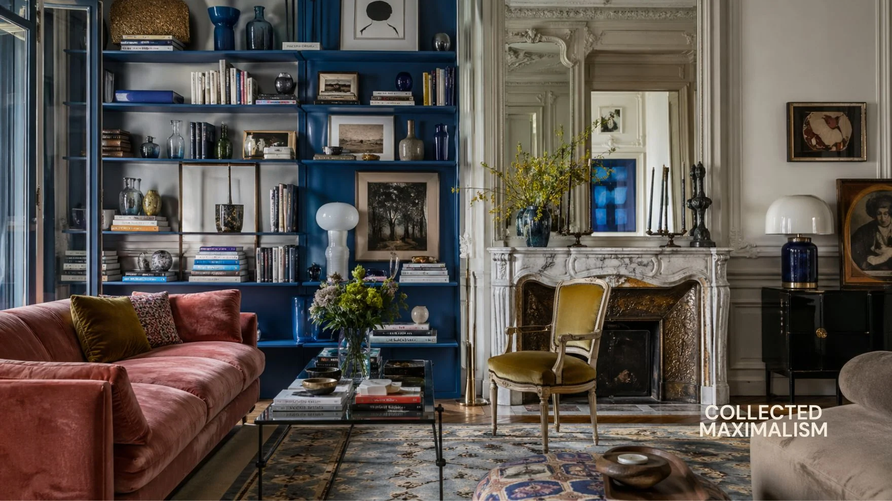 A saturated bookcase can act as both architecture and atmosphere.