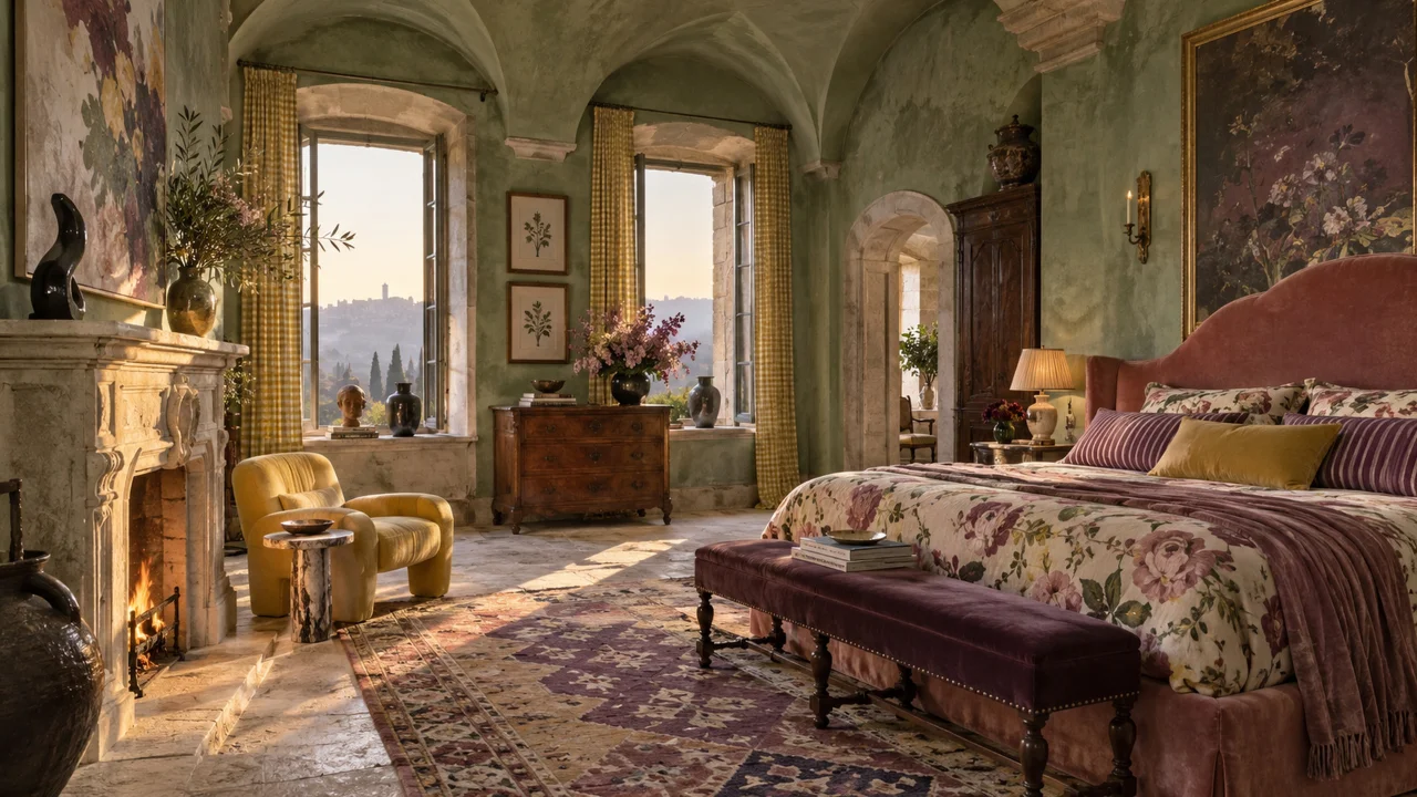 Collected maximalist master bedroom with an antique dresser, painted armoire, storage chest, floral textiles, modern art, and carved walnut furniture at dusk.