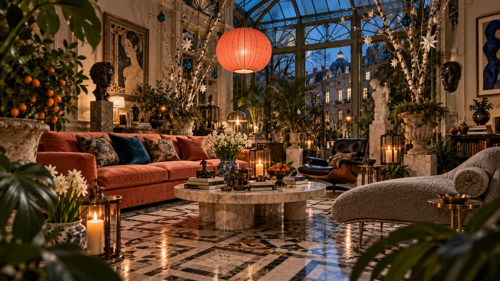 European Christmas decor in a collected maximalist living room with coral velvet sofa, festive greenery, candlelight, classical art and antiques.